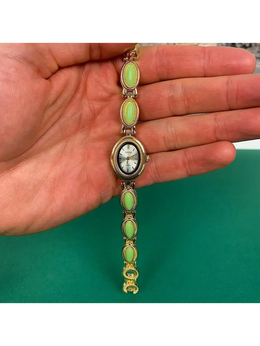 Y2k style Dainty cute Gold style tone quartz watch with lime green jade stone op